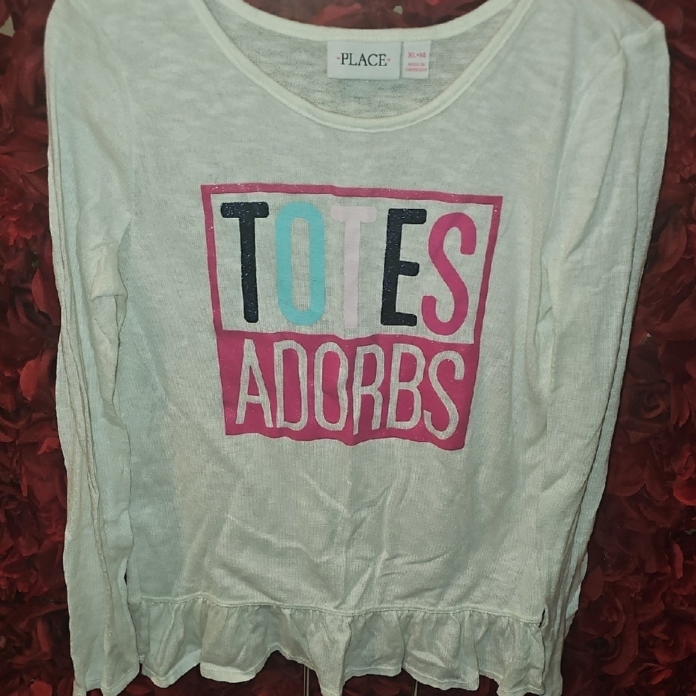 Children's Place Girls Pink and White "Totes Adorbs" Ruffle Bottom Shirt Size 14